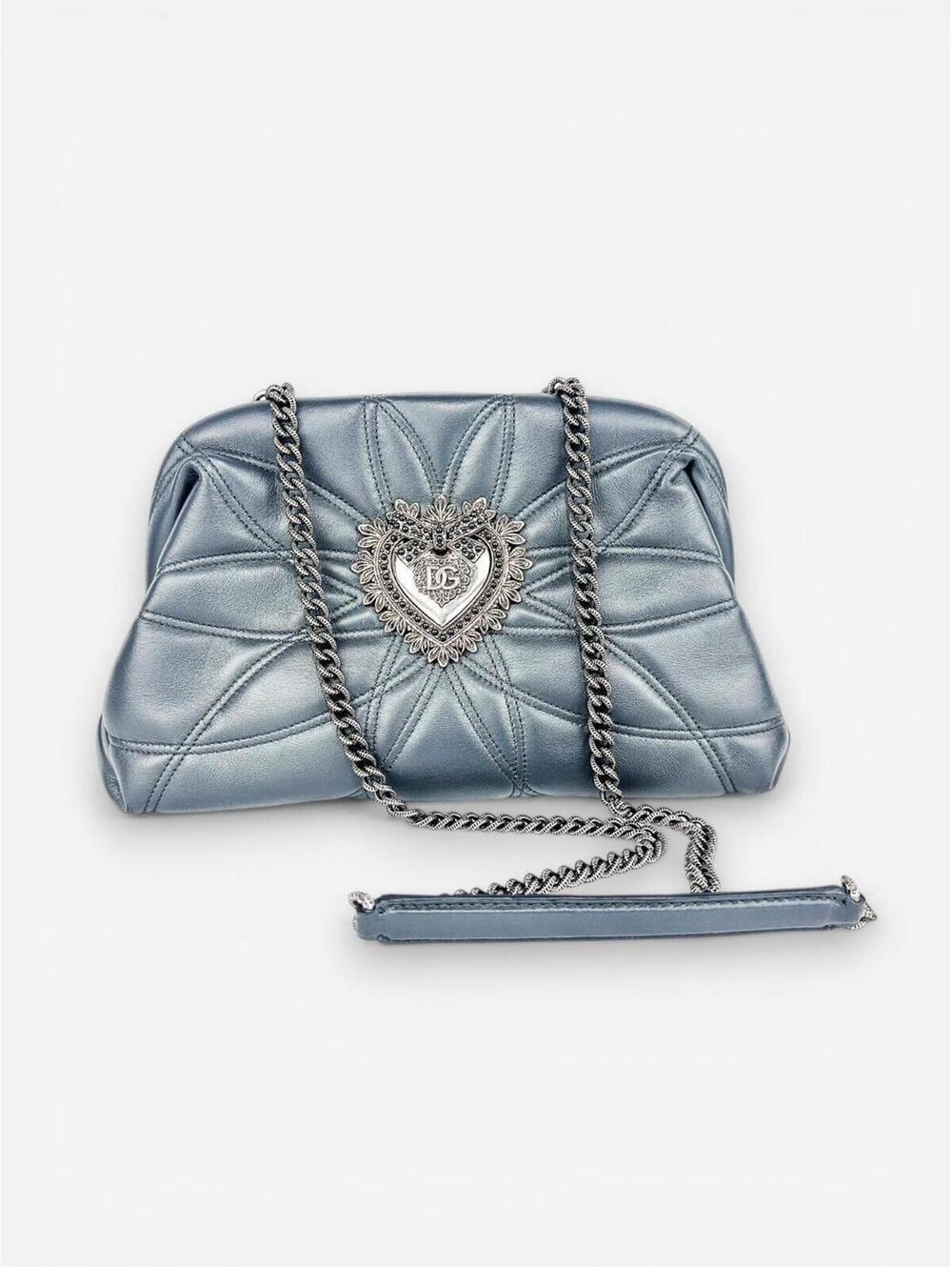 Dolce & Gabbana Devotion Quilted Leather Chain Shoulder Bag Heart Logo Gray